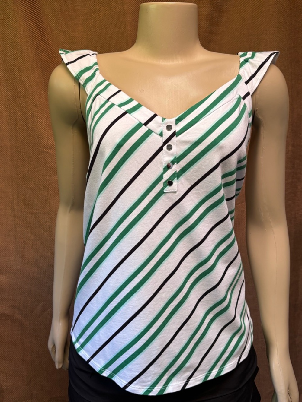 White House Black Market Green, Black & White Striped V-Neck Tank